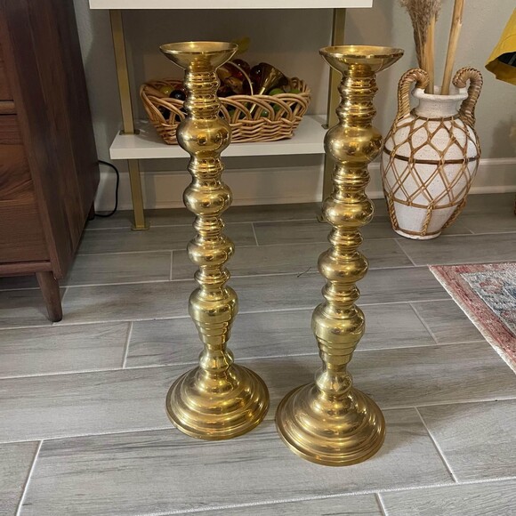 Pair Of Vtg Mid Century Brass Candler Holders 22” Tall 7” Wide At Base MCM Taper - Picture 1 of 6